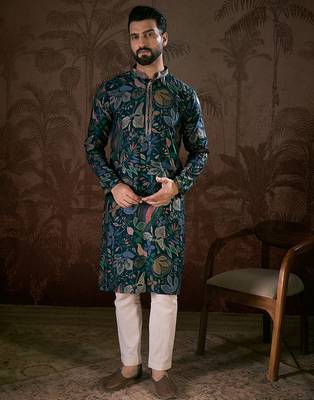 Men blue silk blend floral printed straight kurta 2