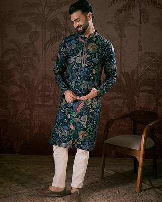 Men blue silk blend floral printed straight kurta 5