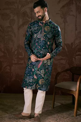 Men blue silk blend floral printed straight kurta