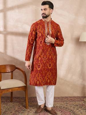Men orange silk blend chevron printed straight kurta 2