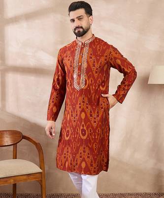 Men orange silk blend chevron printed straight kurta 3