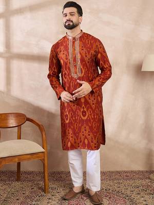 Men orange silk blend chevron printed straight kurta 5