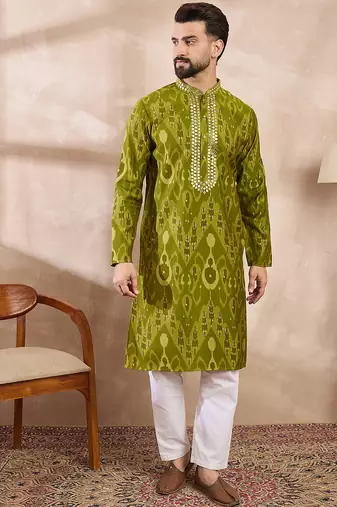 Men green viscose rayon chevron printed straight kurta
