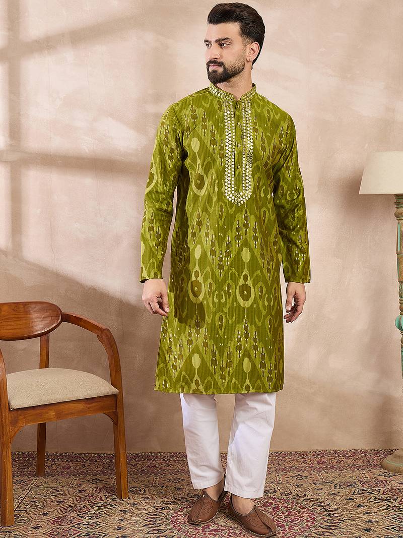 Men green viscose rayon chevron printed straight kurta