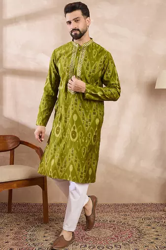 Men green viscose rayon chevron printed straight kurta