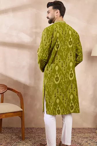 Men green viscose rayon chevron printed straight kurta