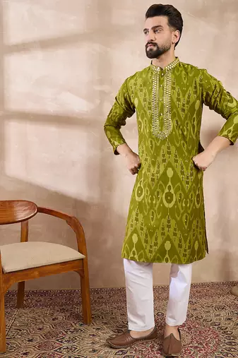 Men green viscose rayon chevron printed straight kurta