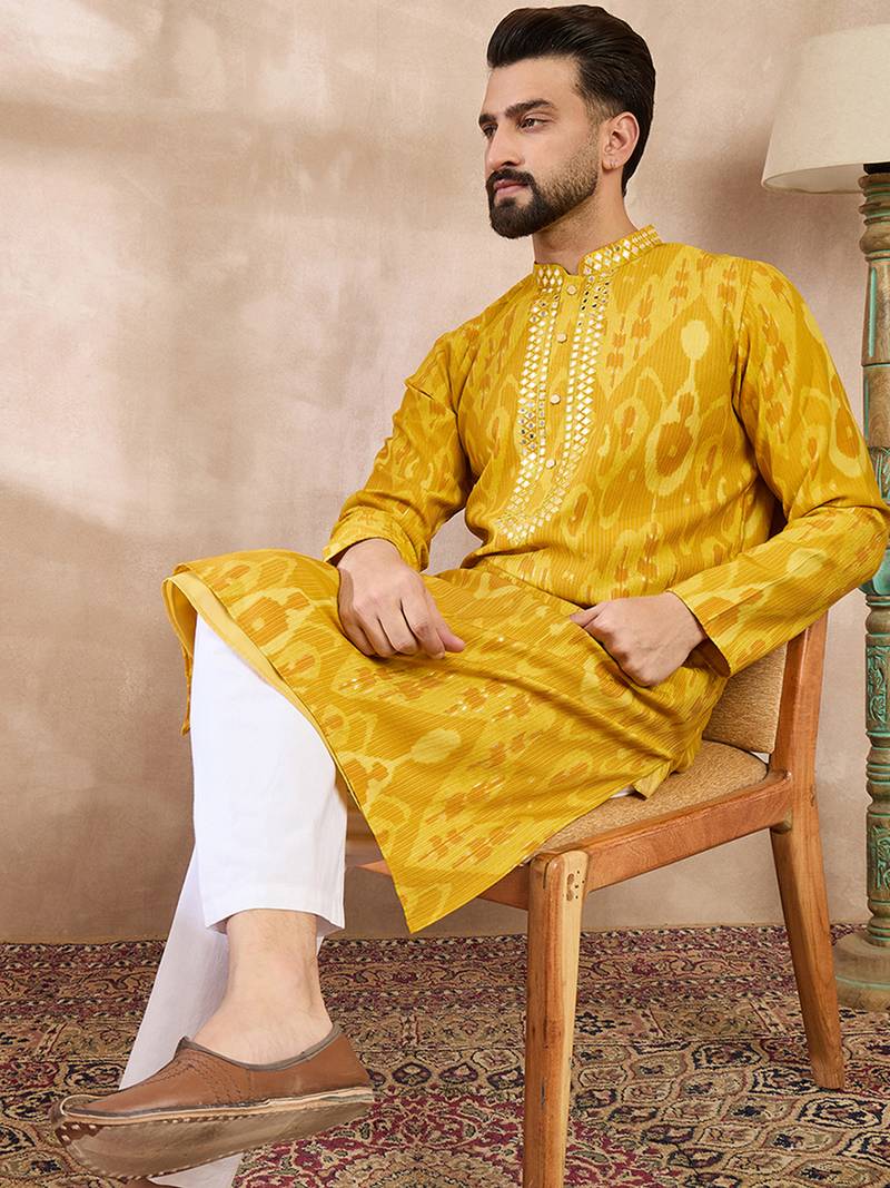 Men yellow viscose rayon chevron printed straight kurta