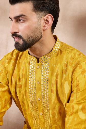 Men yellow viscose rayon chevron printed straight kurta
