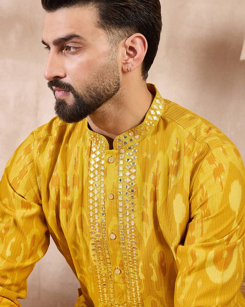 Men yellow viscose rayon chevron printed straight kurta