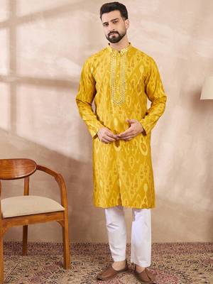 Men yellow viscose rayon chevron printed straight kurta 3