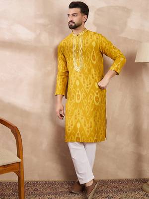 Men yellow viscose rayon chevron printed straight kurta 5