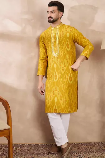 Men yellow viscose rayon chevron printed straight kurta