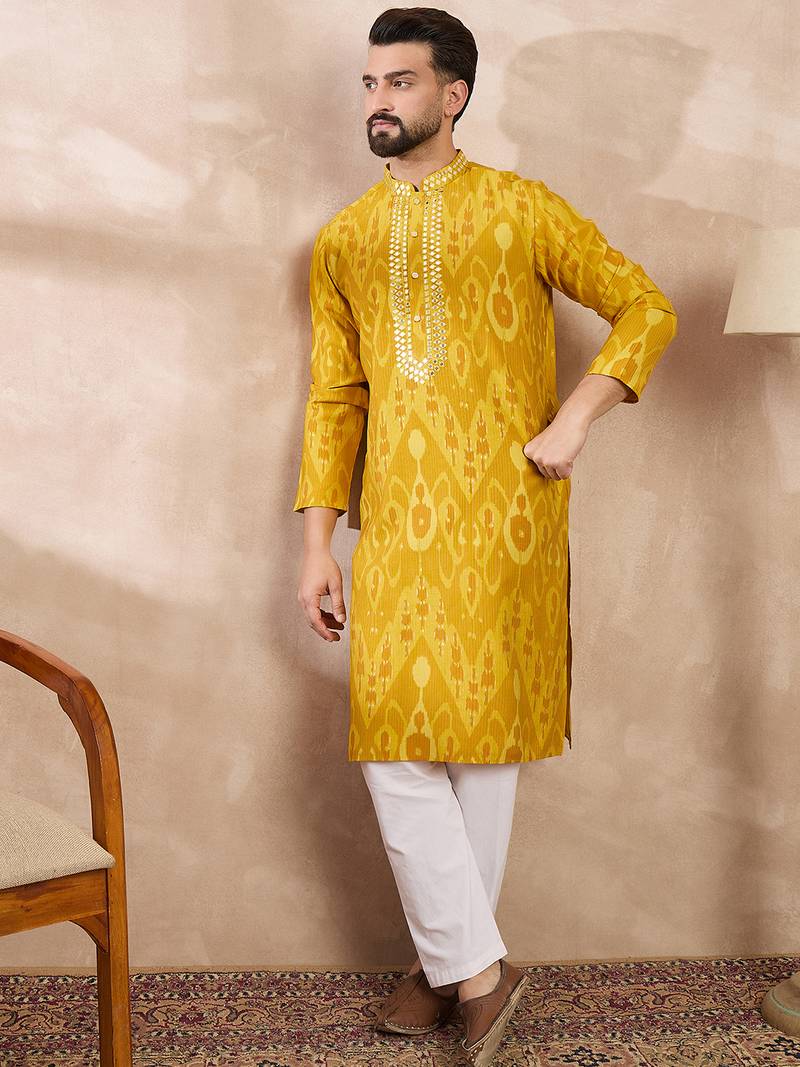 Men yellow viscose rayon chevron printed straight kurta