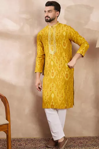 Men yellow viscose rayon chevron printed straight kurta