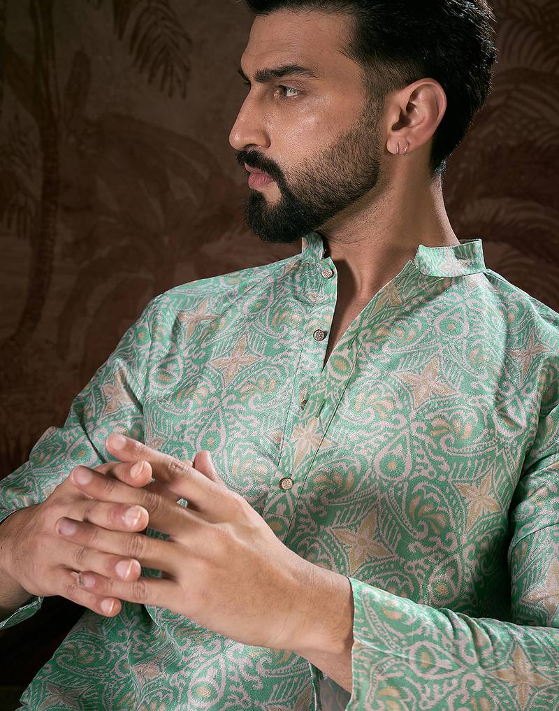 Men turquoise blue silk blend abstract printed straight kurta