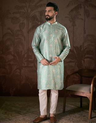Men turquoise blue silk blend abstract printed straight kurta 1