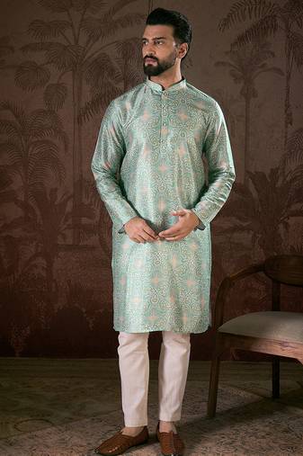 Men turquoise blue silk blend abstract printed straight kurta