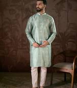 Men turquoise blue silk blend abstract printed straight kurta