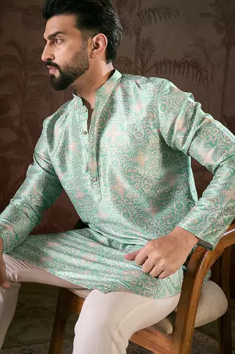 Men turquoise blue silk blend abstract printed straight kurta