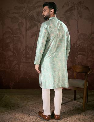 Men turquoise blue silk blend abstract printed straight kurta 4