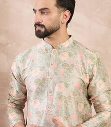 Men green silk blend floral printed straight kurta