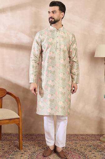 Men green silk blend floral printed straight kurta