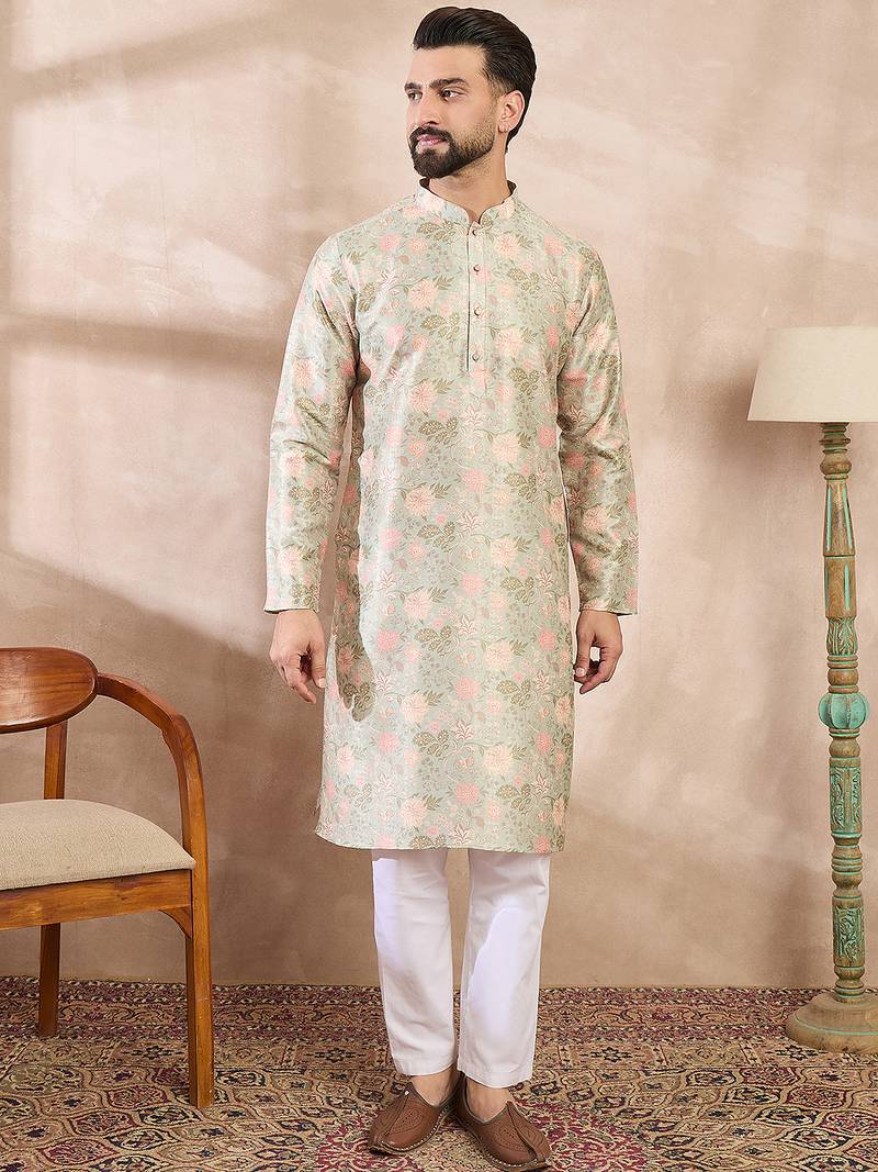 Men green silk blend floral printed straight kurta