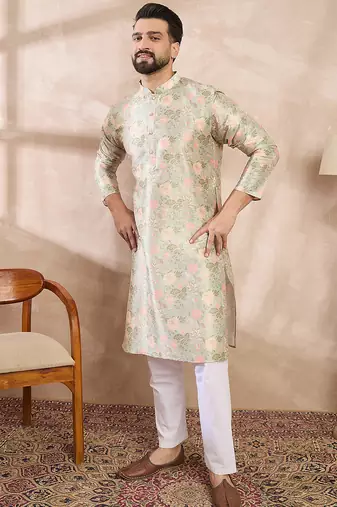 Men green silk blend floral printed straight kurta