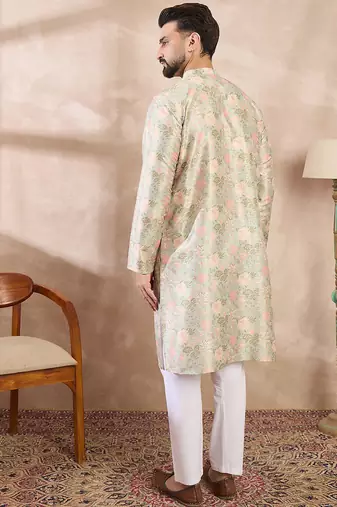 Men green silk blend floral printed straight kurta