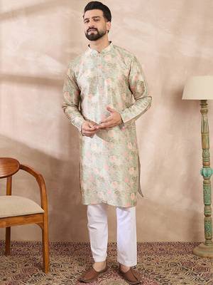 Men green silk blend floral printed straight kurta 5