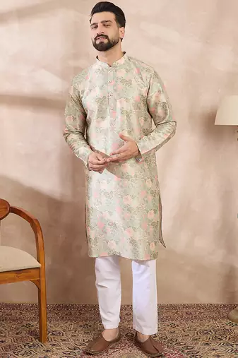 Men green silk blend floral printed straight kurta