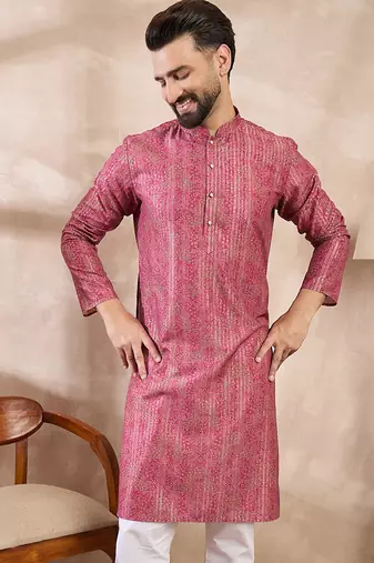 Men pink silk blend floral printed straight kurta