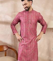 Men pink silk blend floral printed straight kurta