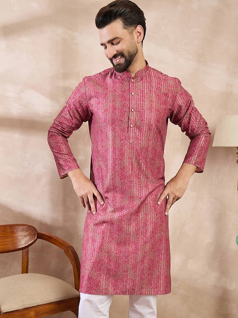Men pink silk blend floral printed straight kurta