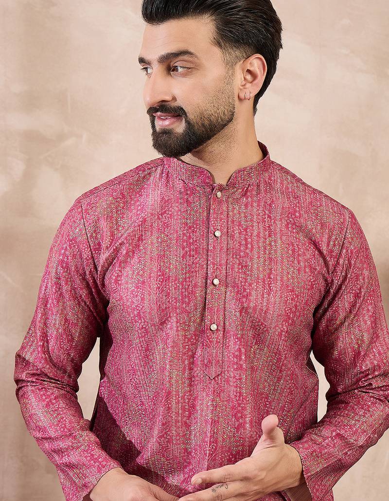 Men pink silk blend floral printed straight kurta