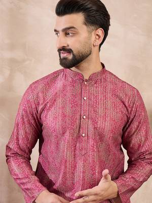 Men pink silk blend floral printed straight kurta 1