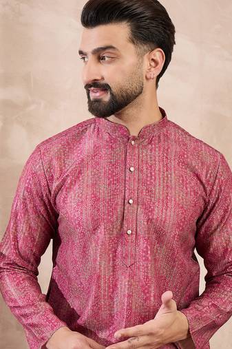 Men pink silk blend floral printed straight kurta