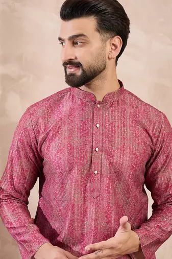 Men pink silk blend floral printed straight kurta