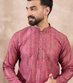 Men pink silk blend floral printed straight kurta