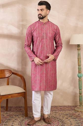 Men pink silk blend floral printed straight kurta
