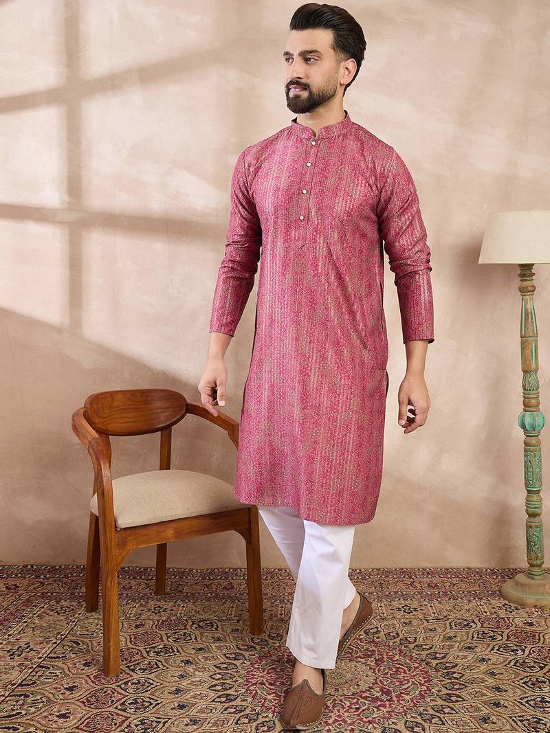 Men pink silk blend floral printed straight kurta