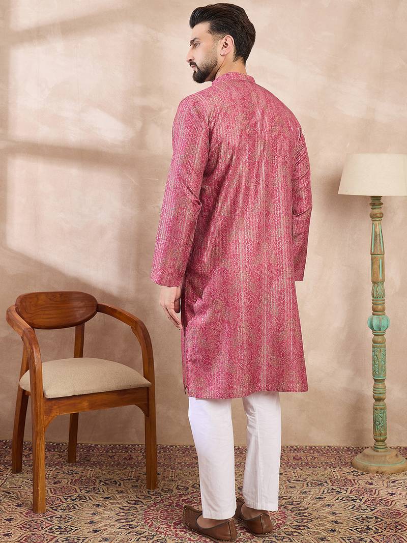 Men pink silk blend floral printed straight kurta