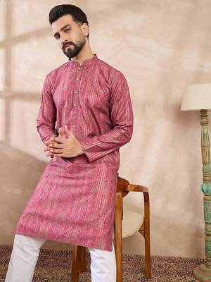 Men pink silk blend floral printed straight kurta 5