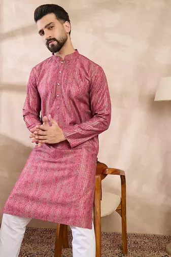 Men pink silk blend floral printed straight kurta