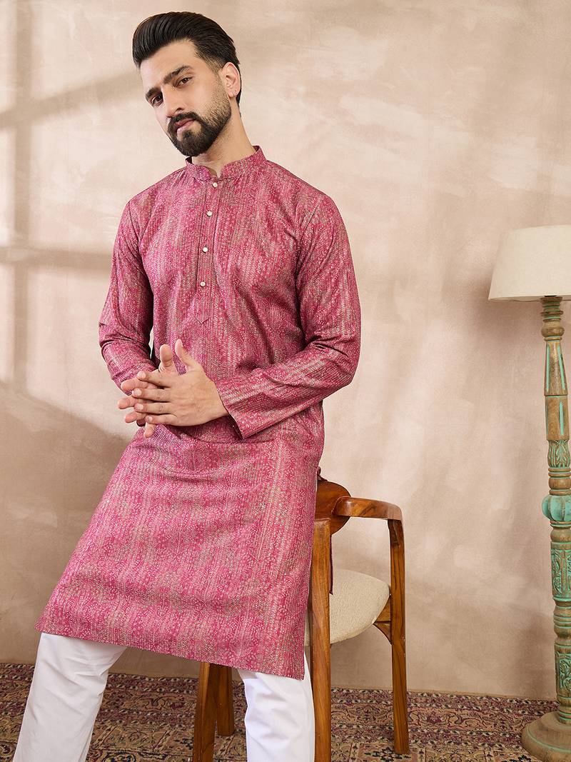 Men pink silk blend floral printed straight kurta