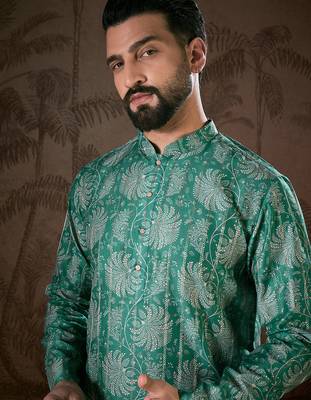 Men teal silk blend floral printed straight kurta 1