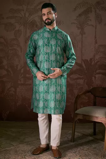 Men teal silk blend floral printed straight kurta