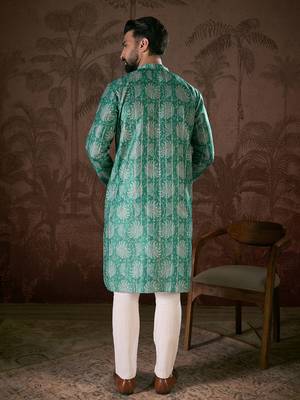 Men teal silk blend floral printed straight kurta 4