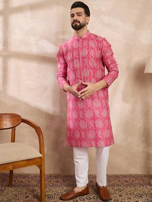 Men pink silk blend floral printed straight kurta 5